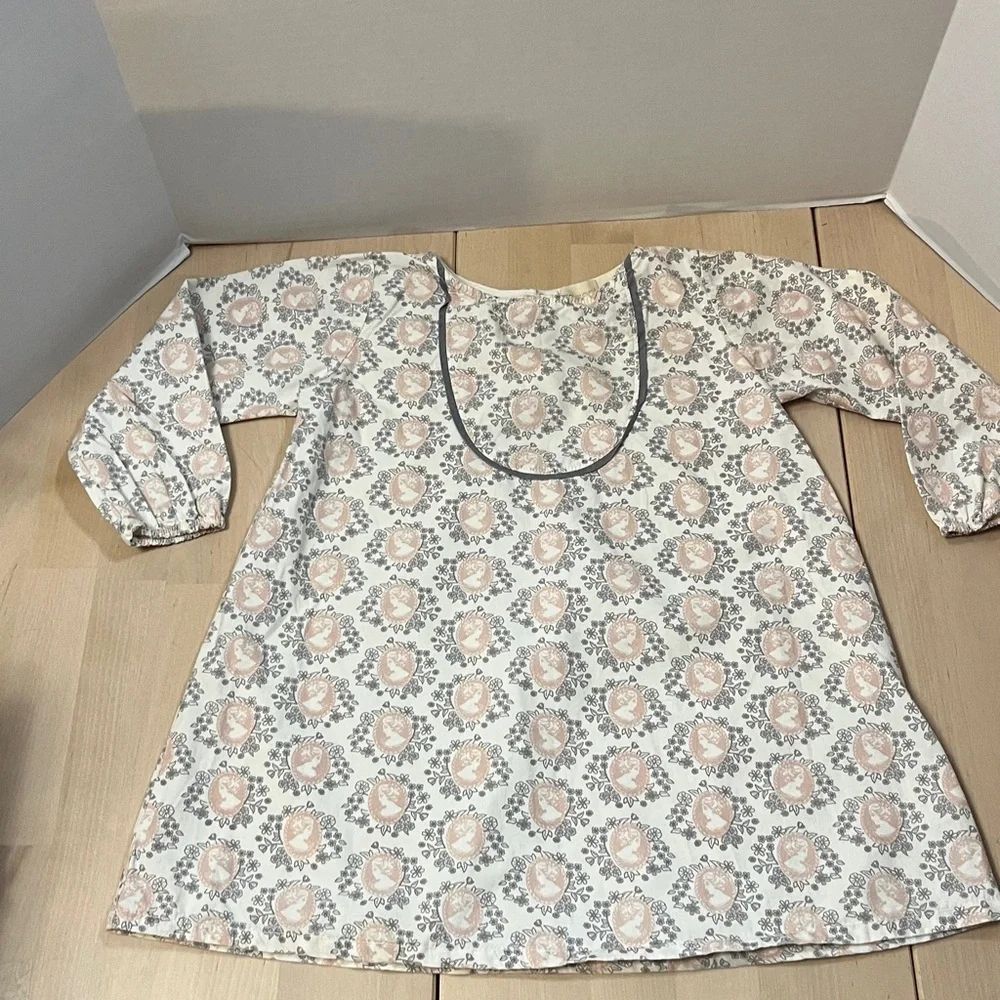 Go Gently Baby Girl’s 3T Ivory Dress w/ Pale Pink Cameo Print & Gray Trim Cotton